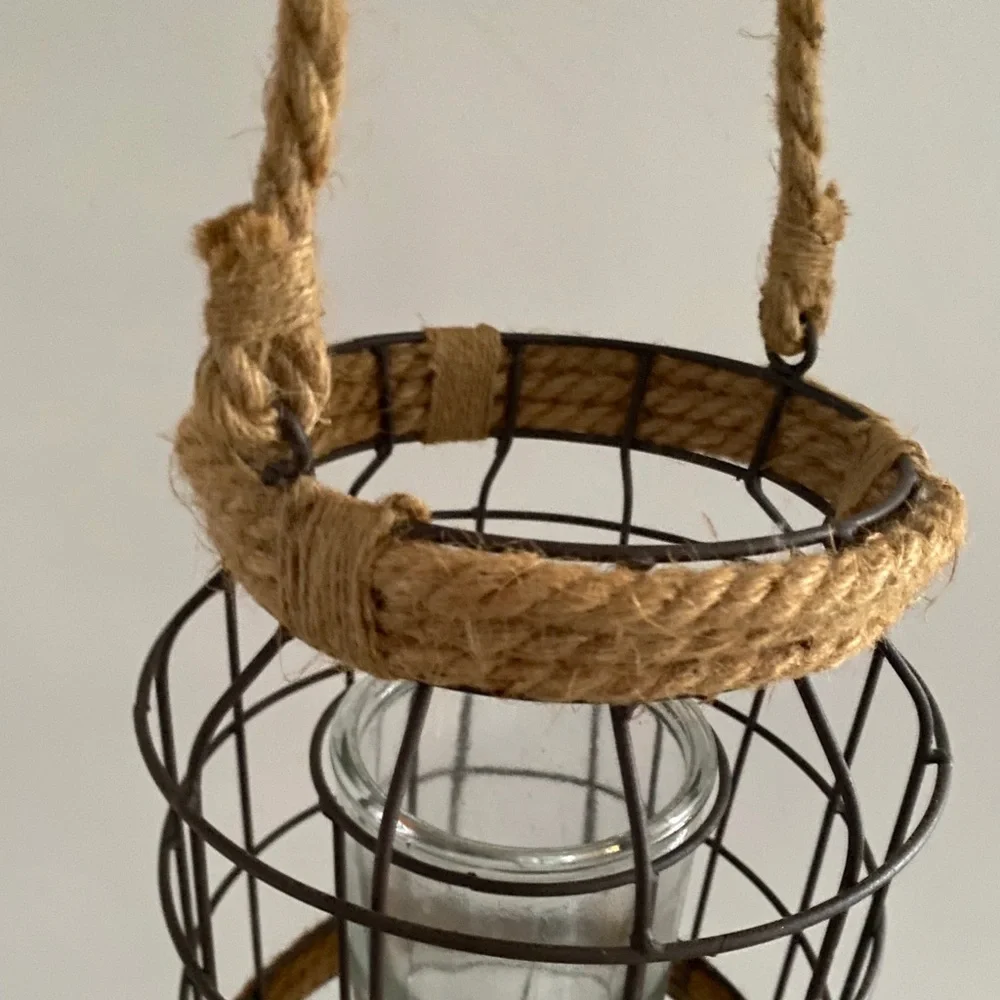 large 23” metal and jute lantern - rustic candle lighting decor
